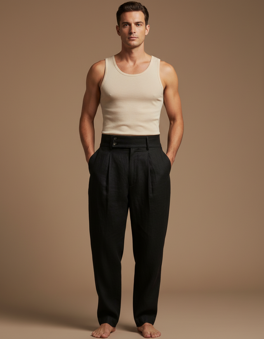 Pantalon Baggy Noir Lin Plissé Taille Haute Homme