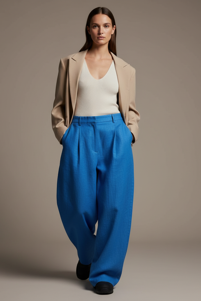 Pantalon Baggy Bleu Ample Plissé Décontracté Femme - Lin