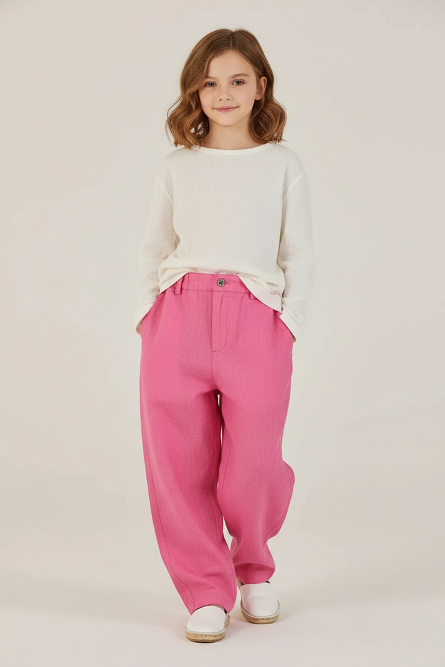 Pantalon Baggy Rose Ample Décontracté Lin Enfant