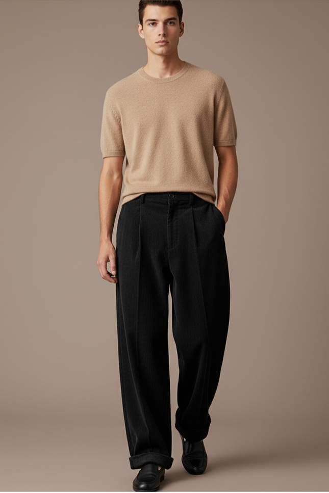 Pantalon Baggy Noir Côtelé Plissé Ample Homme - Cordé