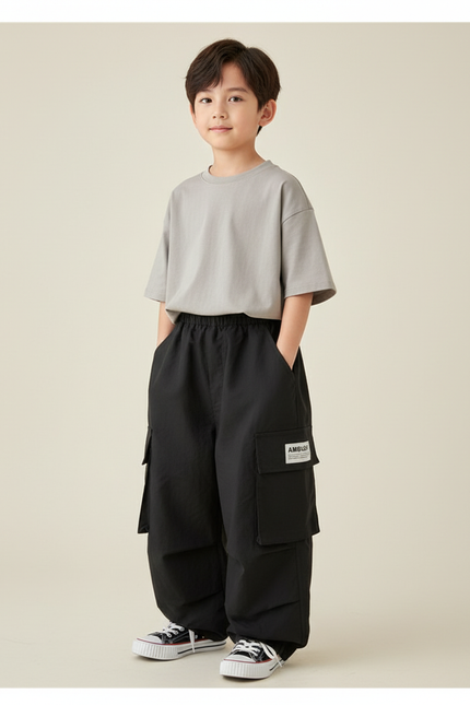 Pantalon Baggy Noir Cargo Ample Garçon Décontracté - Polyester