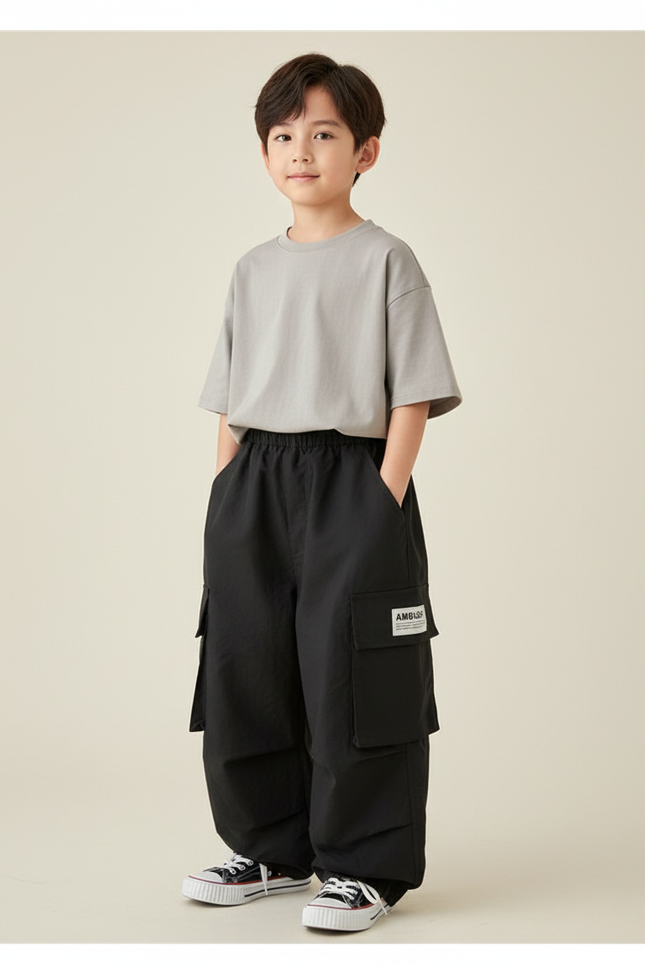 Pantalon Baggy Noir Cargo Ample Garçon Décontracté - Polyester
