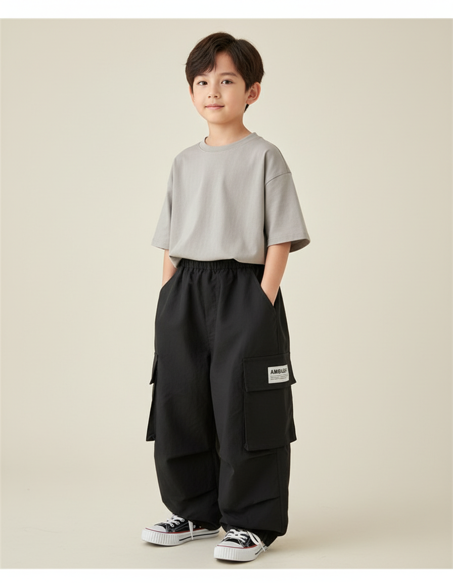 Pantalon Baggy Noir Cargo Ample Garçon Décontracté - Polyester