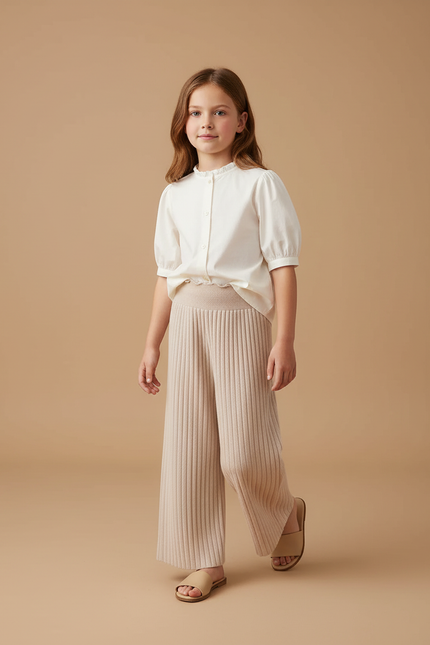 Pantalon Baggy Beige Côtelé Tricoté Ample Fille - Maille