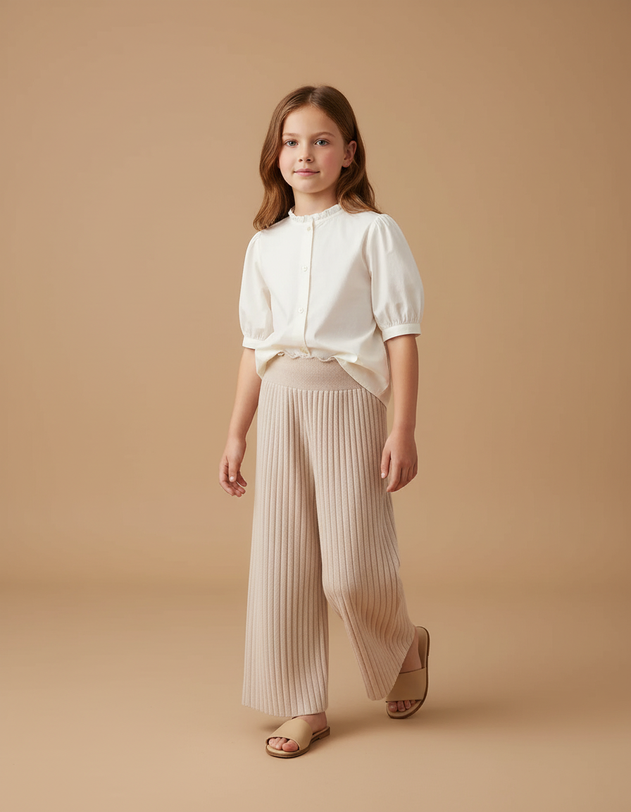 Pantalon Baggy Beige Côtelé Tricoté Ample Fille - Maille