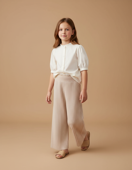 Pantalon Baggy Beige Côtelé Tricoté Ample Fille - Maille