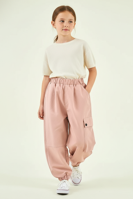 Pantalon Baggy Rose Pâle Cargo Ample Fille - Gabardine