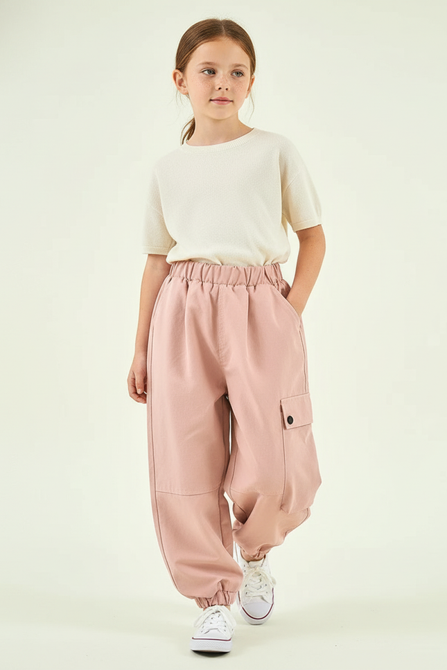 Pantalon Baggy Rose Pâle Cargo Ample Fille - Gabardine