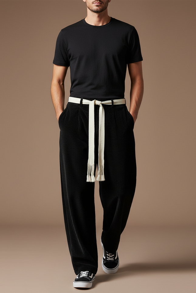 Pantalon Baggy Homme Noir Parachute - Cordé