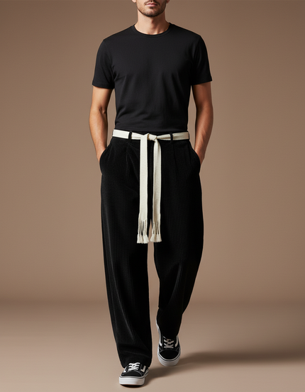 Pantalon Baggy Homme Noir Parachute - Cordé