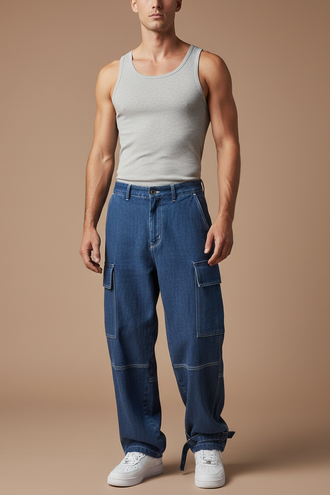 Pantalon Baggy Jean Denim Ample Cargo Bleu