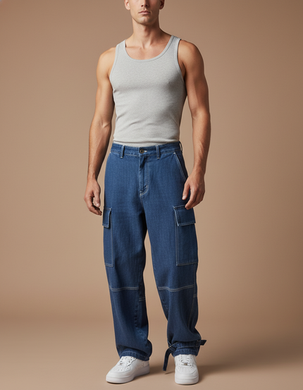 Pantalon Baggy Jean Denim Ample Cargo Bleu