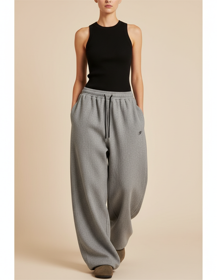 Pantalon Baggy Gris Ample Molleton Brodé Confortable