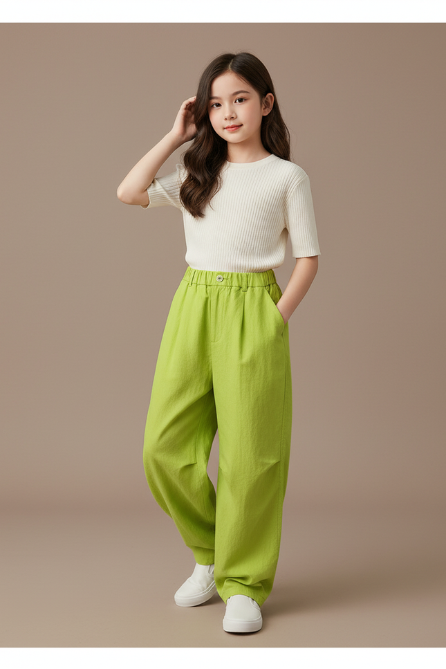 Pantalon Baggy Vert Ample Décontracté Confortable Fille - Lin