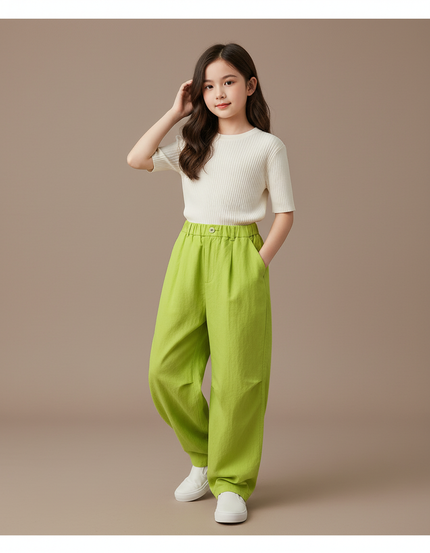 Pantalon Baggy Vert Ample Décontracté Confortable Fille - Lin