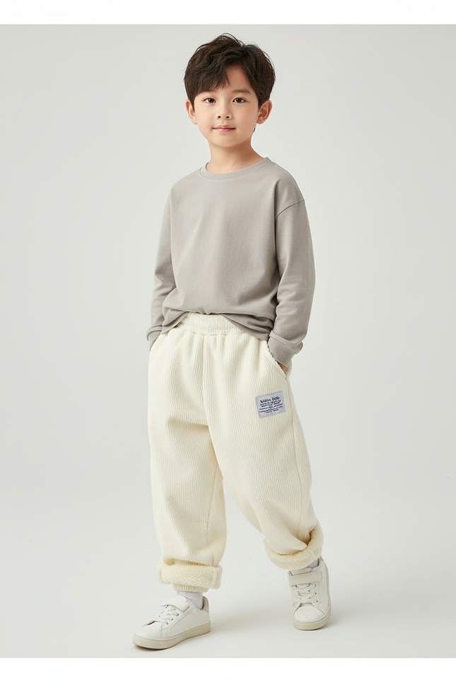 Pantalon Baggy Crème Côtelé Doublé Chaud Enfant - Beige Cordé