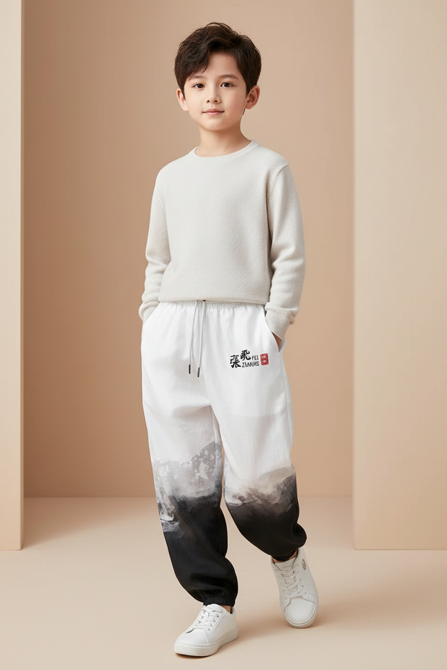 Pantalon Baggy Blanc Noir Imprimé Paysage Chinois Garçon - Molleton