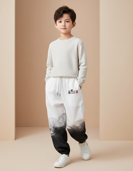 Pantalon Baggy Blanc Noir Imprimé Paysage Chinois Garçon - Molleton