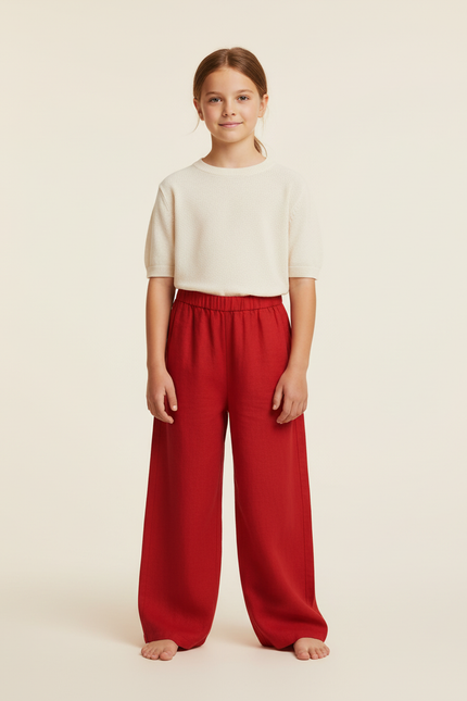 Pantalon Baggy Rouge Ample Lin Enfant Décontracté Fluide