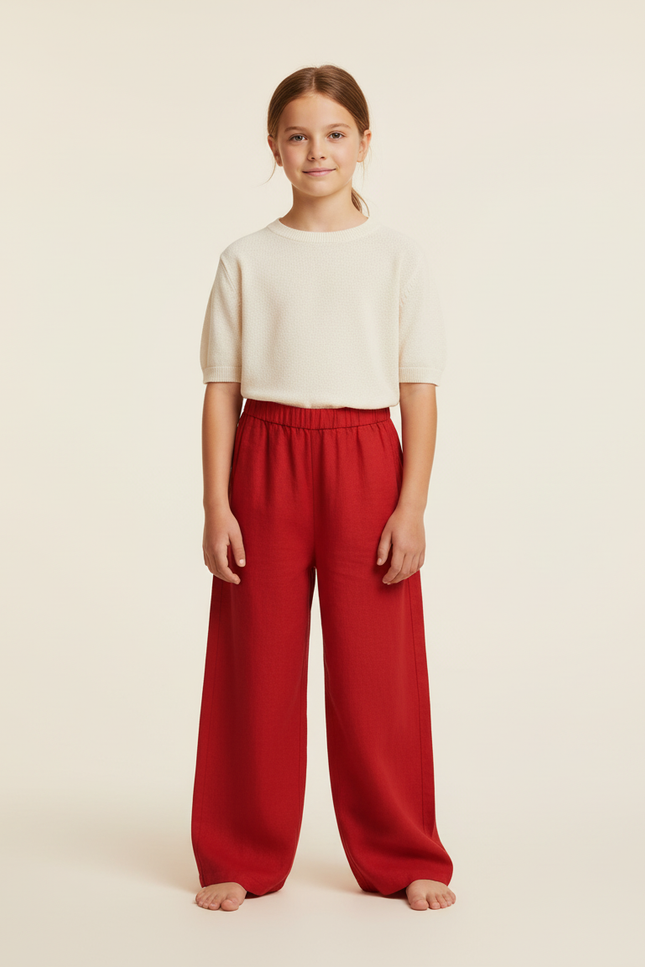 Pantalon Baggy Rouge Ample Lin Enfant Décontracté Fluide