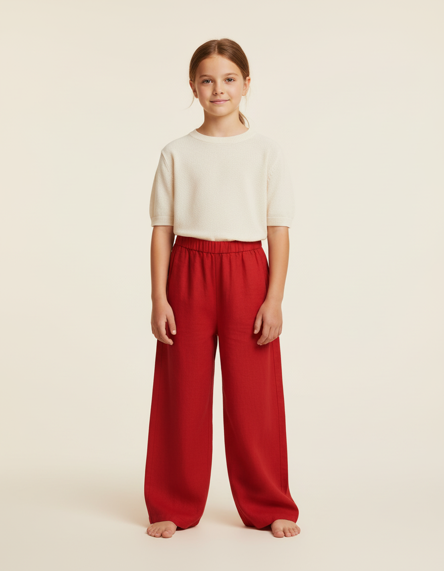 Pantalon Baggy Rouge Ample Lin Enfant Décontracté Fluide