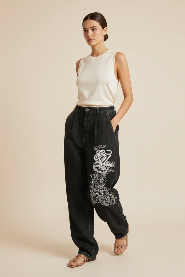 Pantalon Baggy Noir Brodé Large Décontracté Femme - Jean