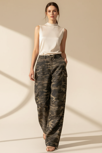 Pantalon Baggy Camouflage Femme - Kaki Toile