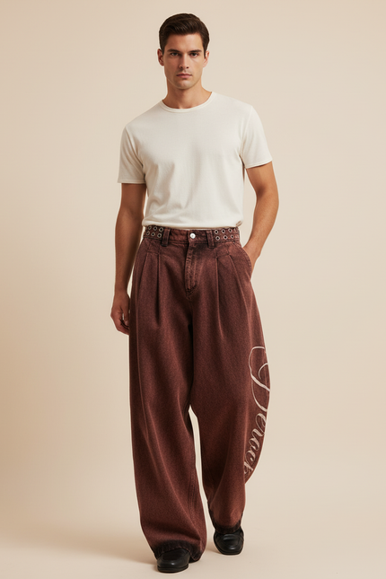 Pantalon Baggy Marron Délavé Ample Brodé Homme - Jean