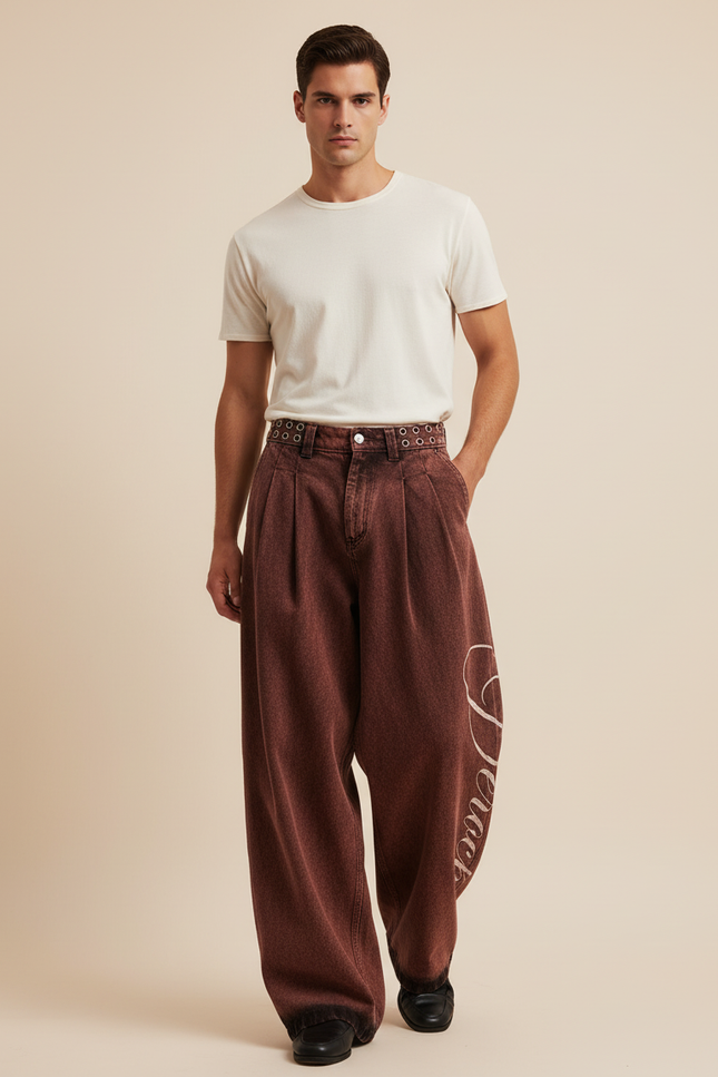 Pantalon Baggy Marron Délavé Ample Brodé Homme - Jean