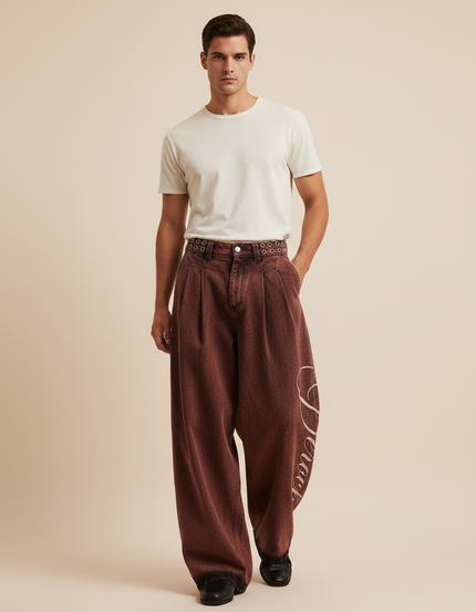 Pantalon Baggy Marron Délavé Ample Brodé Homme - Jean