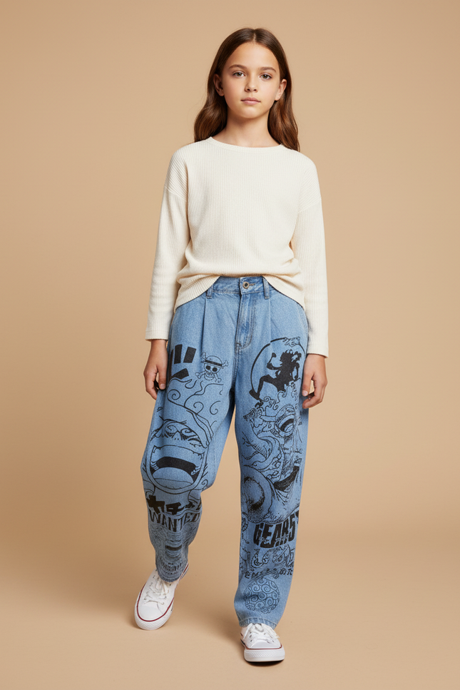 Pantalon Baggy Jean Clair Imprimé Manga Unisexe Harajuku - Bleu