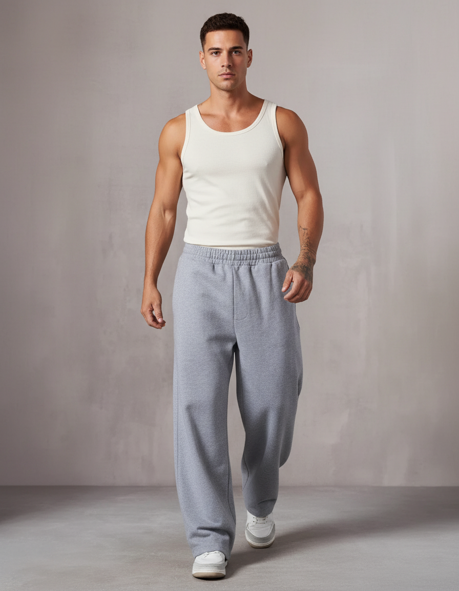 Pantalon Baggy Gris Ample Molleton Homme Décontracté