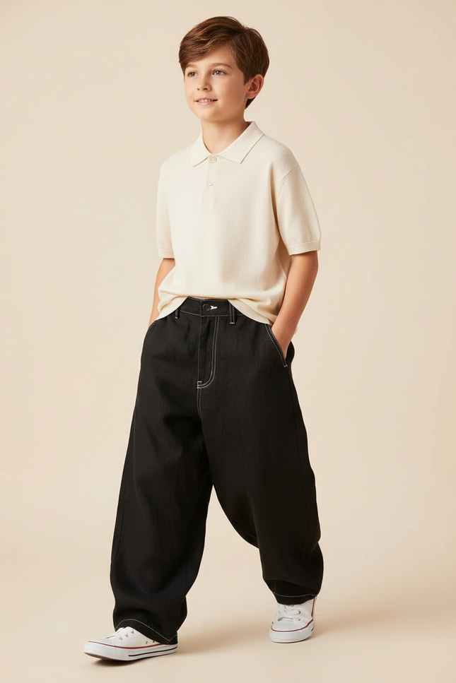 Pantalon Baggy Noir Ample Coton Coutures Blanches - Jean