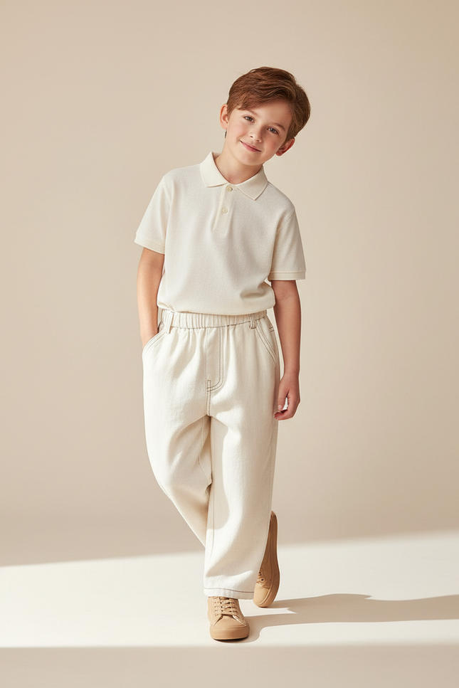 Pantalon Baggy Écru Ample Décontracté Enfant Coton - Beige Jean