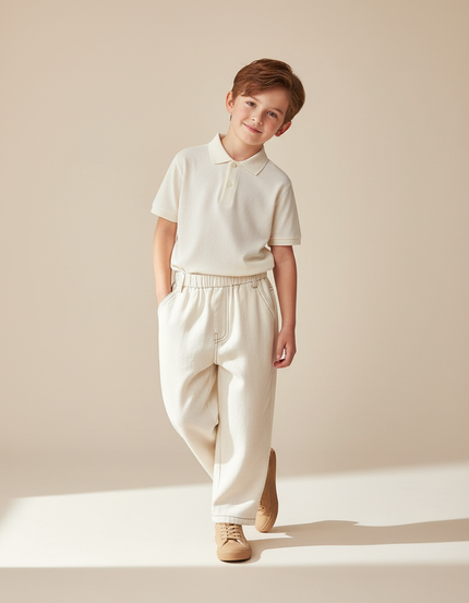 Pantalon Baggy Écru Ample Décontracté Enfant Coton - Beige Jean