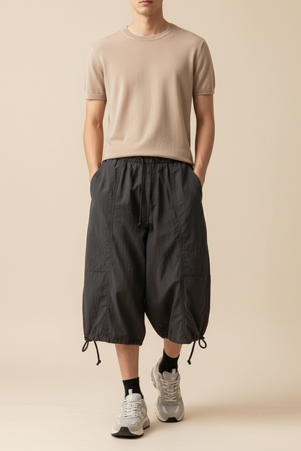 Pantalon Baggy Gris Foncé Fluide Court Décontracté - Polyester