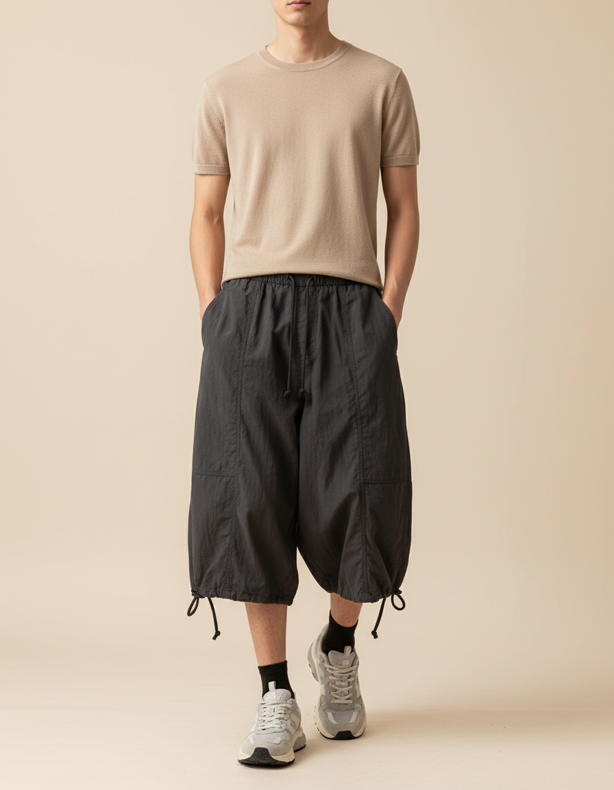 Pantalon Baggy Gris Foncé Fluide Court Décontracté - Polyester