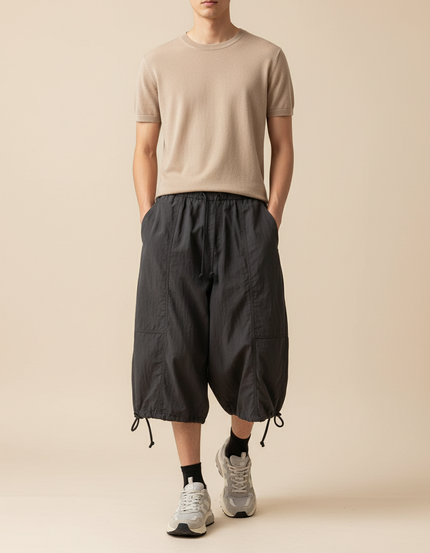 Pantalon Baggy Gris Foncé Fluide Court Décontracté - Polyester