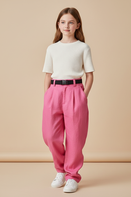 Pantalon Baggy Rose Fuschia Lin Plissé Ample Enfant