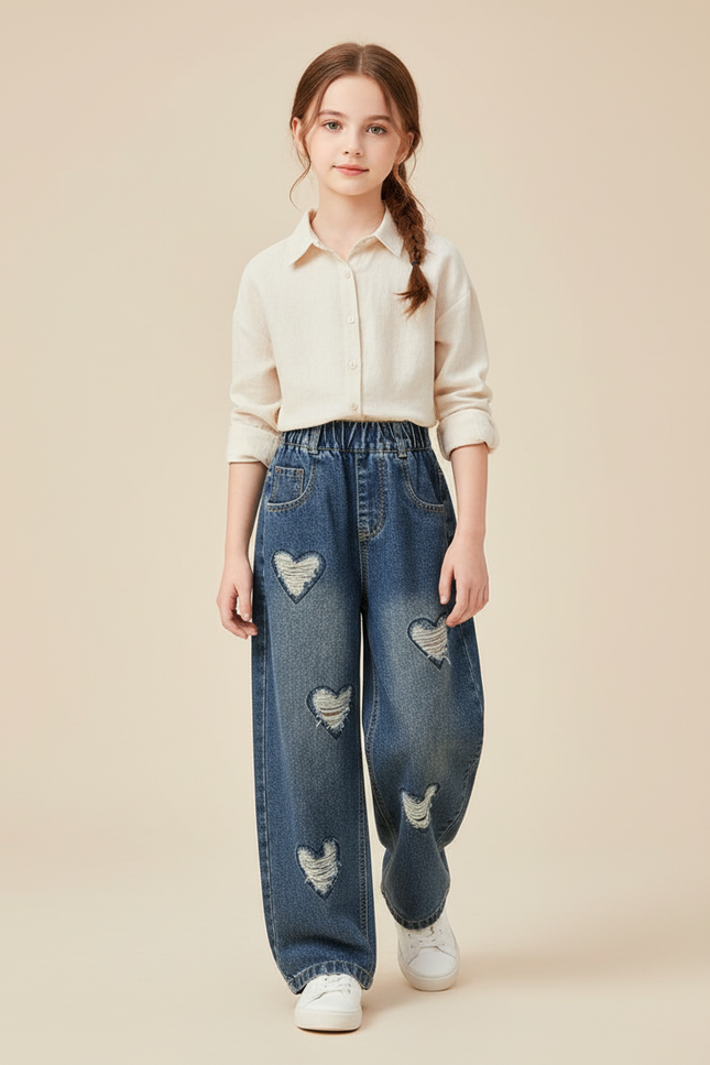 Pantalon Baggy Bleu Jean Cœur Ample Fille