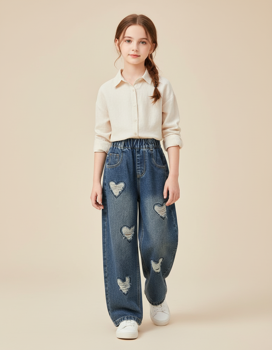 Pantalon Baggy Bleu Jean Cœur Ample Fille