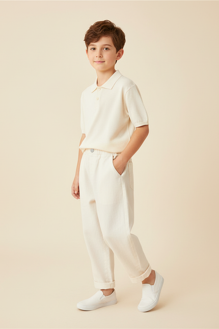 Pantalon Baggy Crème Coton Ample Décontracté Enfant - Beige Molleton