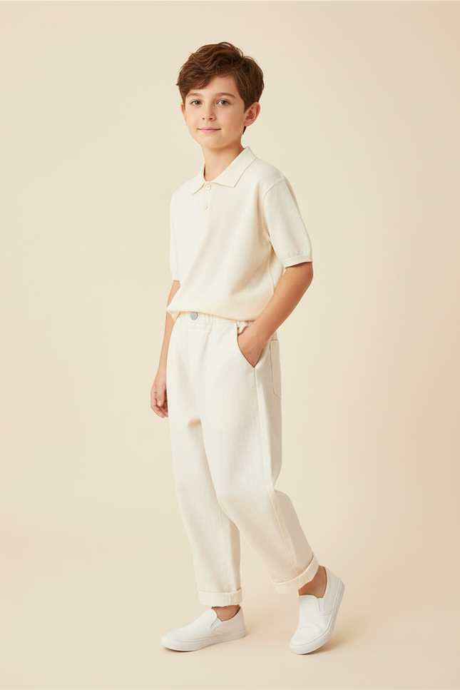 Pantalon Baggy Crème Coton Ample Décontracté Enfant - Beige Molleton