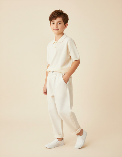 Pantalon Baggy Crème Coton Ample Décontracté Enfant - Beige Molleton