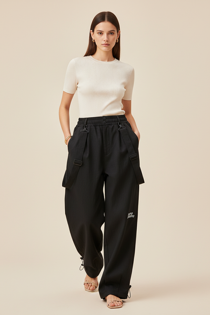 Pantalon Baggy Noir Ample Bretelles Décontracté Femme - Polyester