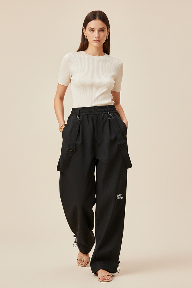 Pantalon Baggy Noir Ample Bretelles Décontracté Femme - Polyester
