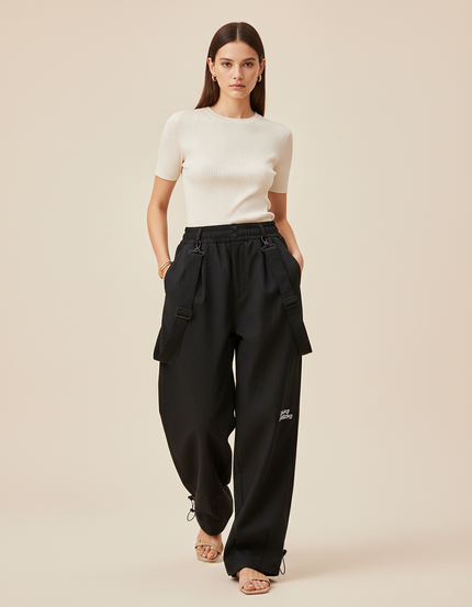 Pantalon Baggy Noir Ample Bretelles Décontracté Femme - Polyester