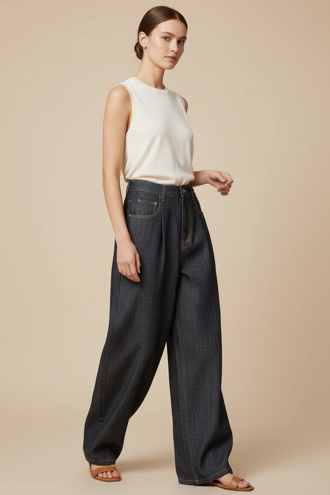 Pantalon Baggy Denim Bleu Marine Ample Plissé Femme - Jean