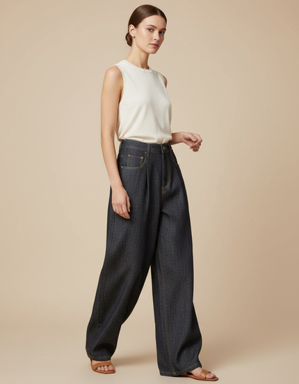 Pantalon Baggy Denim Bleu Marine Ample Plissé Femme - Jean