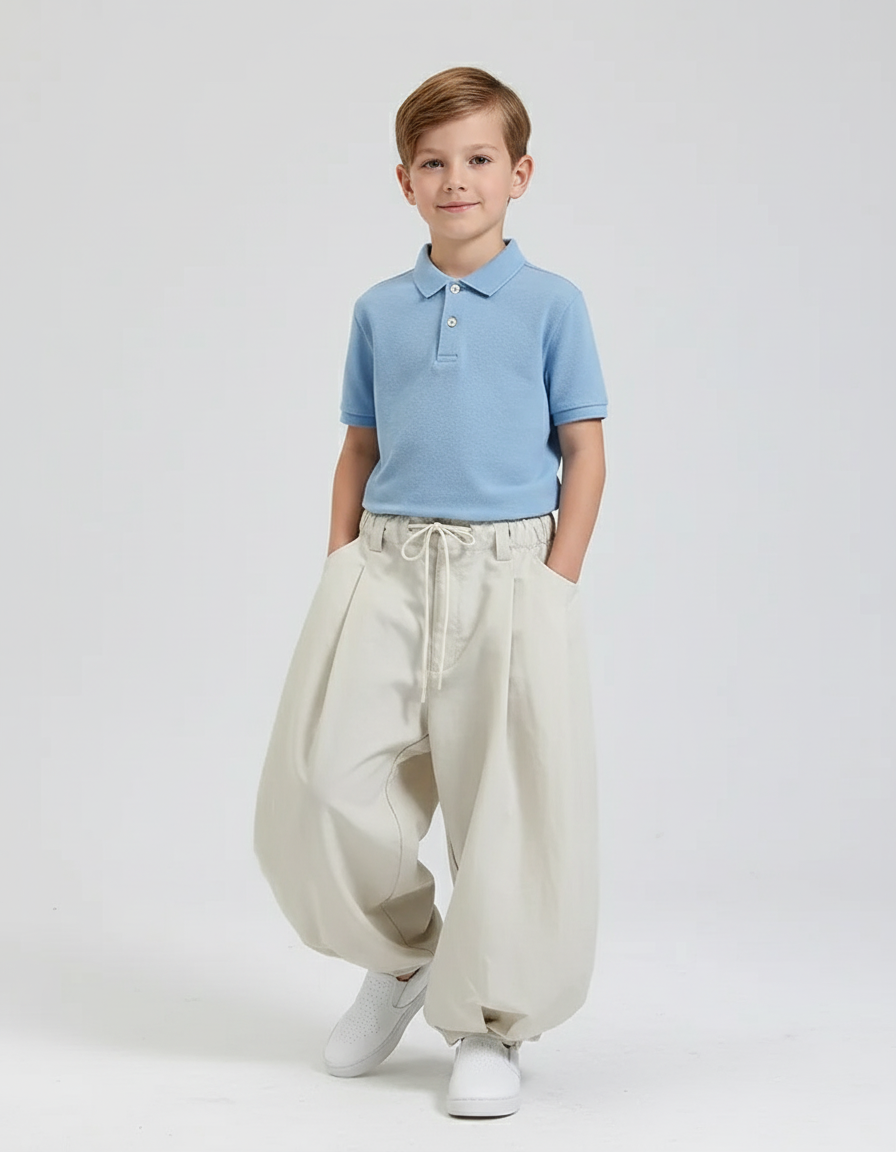 Pantalon Baggy Beige Ample Décontracté Enfant Coton